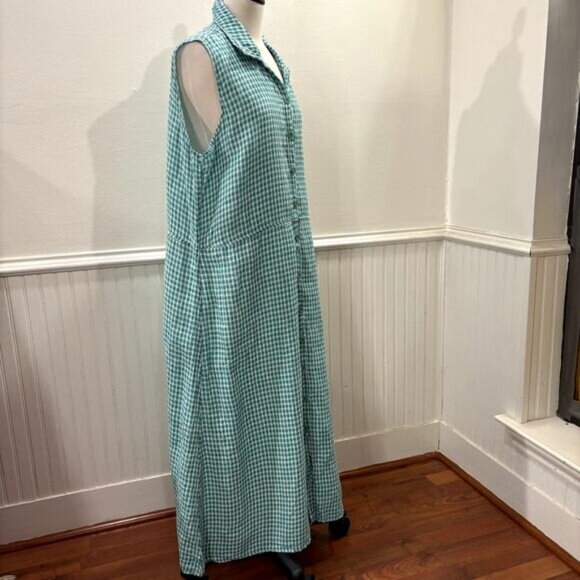 FLAX Design Size L Dress Maxi Jade Green Gingham 100% Linen Woven Sleeveless - Picture 9 of 14